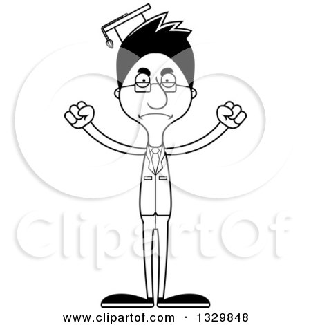 Lineart Clipart of a Cartoon Black and White Angry Tall Skinny Hispanic Man Professor - Royalty Free Outline Vector Illustration by Cory Thoman