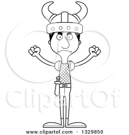 Lineart Clipart of a Cartoon Black and White Angry Tall Skinny Hispanic Man Viking - Royalty Free Outline Vector Illustration by Cory Thoman