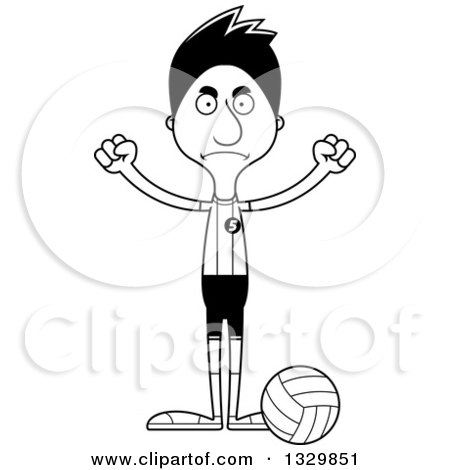 Lineart Clipart of a Cartoon Black and White Angry Tall Skinny Hispanic Man Volleyball Player - Royalty Free Outline Vector Illustration by Cory Thoman