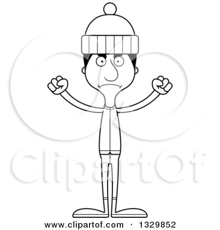 Lineart Clipart of a Cartoon Black and White Angry Tall Skinny Hispanic Man in Winter Clothes - Royalty Free Outline Vector Illustration by Cory Thoman