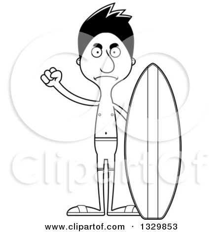 Lineart Clipart of a Cartoon Black and White Angry Tall Skinny Hispanic Man Surfer - Royalty Free Outline Vector Illustration by Cory Thoman