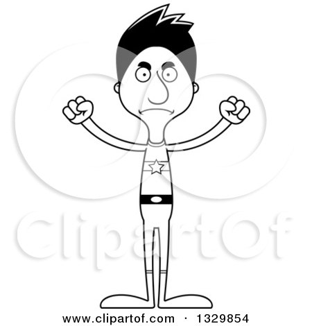 Lineart Clipart of a Cartoon Black and White Angry Tall Skinny Hispanic Super Hero Man - Royalty Free Outline Vector Illustration by Cory Thoman