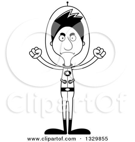 Lineart Clipart of a Cartoon Black and White Angry Tall Skinny Hispanic Futuristic Space Man - Royalty Free Outline Vector Illustration by Cory Thoman