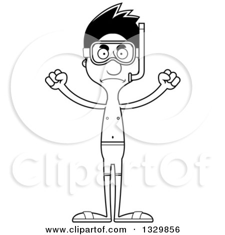 Lineart Clipart of a Cartoon Black and White Angry Tall Skinny Hispanic Man in Snorkel Gear - Royalty Free Outline Vector Illustration by Cory Thoman