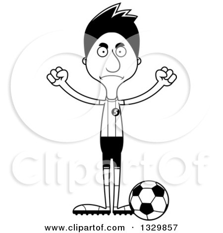 Lineart Clipart of a Cartoon Black and White Angry Tall Skinny Hispanic Man Soccer Player - Royalty Free Outline Vector Illustration by Cory Thoman