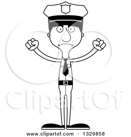 Lineart Clipart of a Cartoon Black and White Angry Tall Skinny Hispanic Man Police Officer - Royalty Free Outline Vector Illustration by Cory Thoman