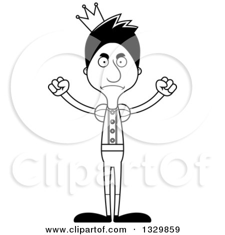 Lineart Clipart of a Cartoon Black and White Angry Tall Skinny Hispanic Man Prince - Royalty Free Outline Vector Illustration by Cory Thoman