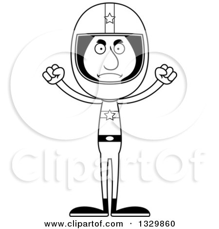 Lineart Clipart of a Cartoon Black and White Angry Tall Skinny Hispanic Race Car Driver Man - Royalty Free Outline Vector Illustration by Cory Thoman
