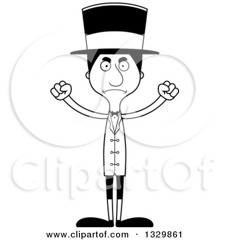 Lineart Clipart of a Cartoon Black and White Angry Tall Skinny Hispanic Man Circus Ringmaster - Royalty Free Outline Vector Illustration by Cory Thoman