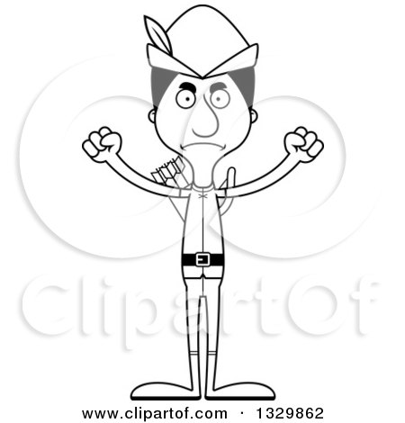 Lineart Clipart of a Cartoon Black and White Angry Tall Skinny Hispanic Robin Hood Man - Royalty Free Outline Vector Illustration by Cory Thoman
