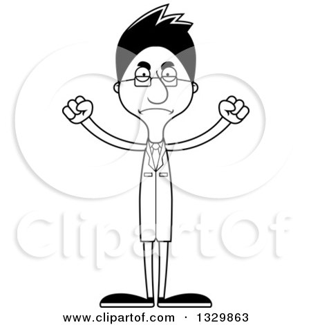 Lineart Clipart of a Cartoon Black and White Angry Tall Skinny Hispanic Man Scientist - Royalty Free Outline Vector Illustration by Cory Thoman