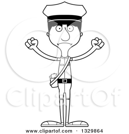 Lineart Clipart of a Cartoon Black and White Angry Tall Skinny Hispanic Mail Man - Royalty Free Outline Vector Illustration by Cory Thoman