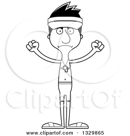 Lineart Clipart of a Cartoon Black and White Angry Tall Skinny Hispanic Man Lifeguard - Royalty Free Outline Vector Illustration by Cory Thoman