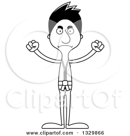 Lineart Clipart of a Cartoon Black and White Angry Tall Skinny Hispanic Karate Man - Royalty Free Outline Vector Illustration by Cory Thoman