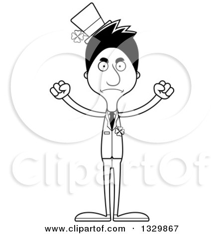 Lineart Clipart of a Cartoon Black and White Angry Tall Skinny Hispanic Irish St Patricks Day Man - Royalty Free Outline Vector Illustration by Cory Thoman