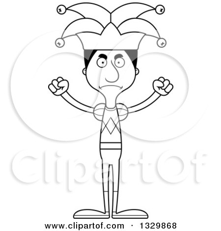 Lineart Clipart of a Cartoon Black and White Angry Tall Skinny Hispanic Man Jester - Royalty Free Outline Vector Illustration by Cory Thoman