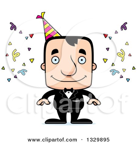 Clipart of a Cartoon Happy Block Headed White Party Man - Royalty Free Vector Illustration by Cory Thoman