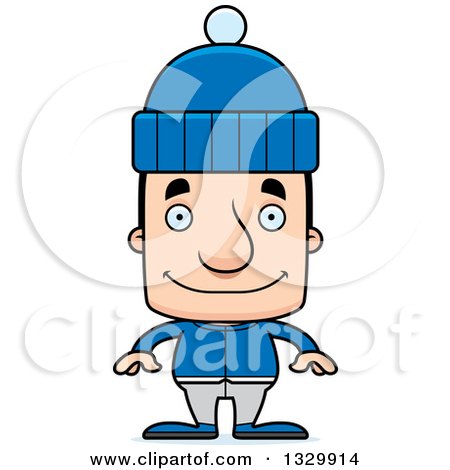 Clipart of a Cartoon Happy Block Headed White Man in Winter Clothes - Royalty Free Vector Illustration by Cory Thoman