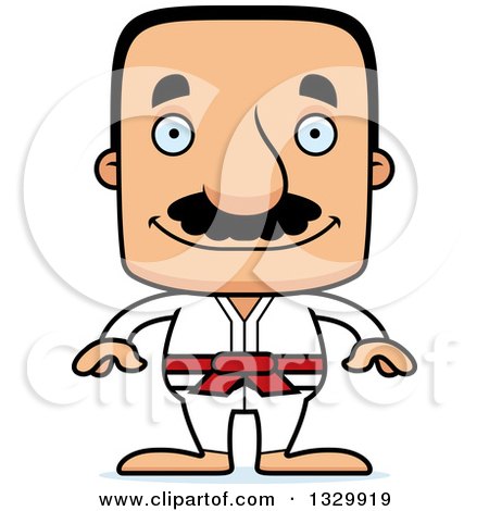 Clipart of a Cartoon Happy Block Headed Hispanic Karate Man with a Mustache - Royalty Free Vector Illustration by Cory Thoman