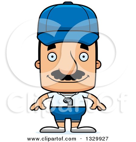 Clipart of a Cartoon Happy Block Headed Hispanic Sports Coach Man with a Mustache - Royalty Free Vector Illustration by Cory Thoman