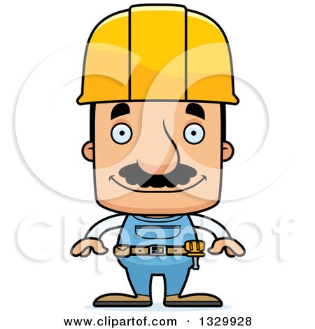 Clipart of a Cartoon Happy Block Headed Hispanic Construction Worker Man with a Mustache - Royalty Free Vector Illustration by Cory Thoman