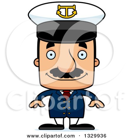 Clipart of a Cartoon Happy Block Headed Hispanic Boat Captain Man with a Mustache - Royalty Free Vector Illustration by Cory Thoman