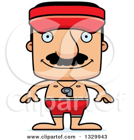 Clipart of a Cartoon Happy Block Headed Hispanic Lifeguard Man with a Mustache - Royalty Free Vector Illustration by Cory Thoman