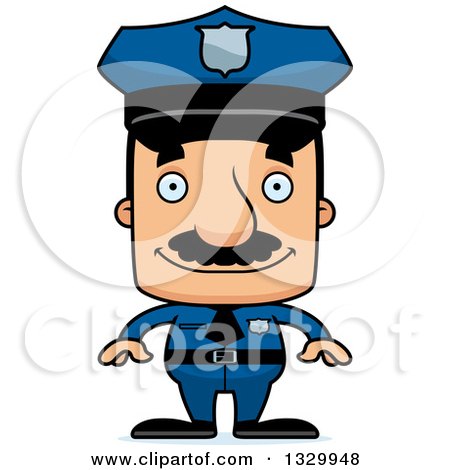 Clipart of a Cartoon Happy Block Headed Hispanic Police Man with a Mustache - Royalty Free Vector Illustration by Cory Thoman