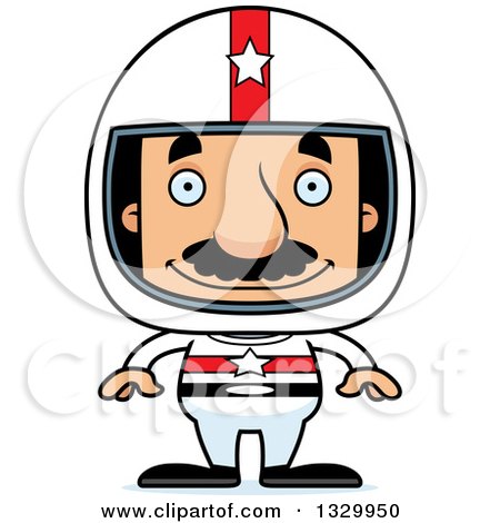 Clipart of a Cartoon Happy Block Headed Hispanic Race Car Driver Man with a Mustache - Royalty Free Vector Illustration by Cory Thoman