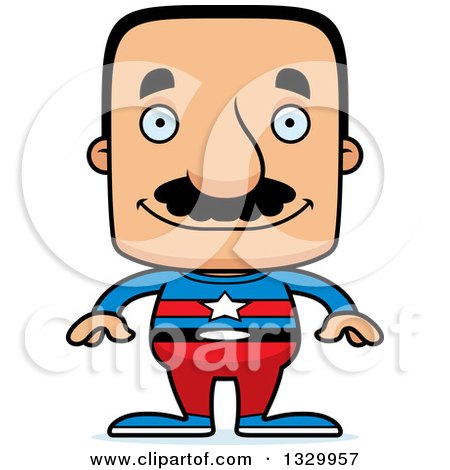 Clipart of a Cartoon Happy Block Headed Hispanic Super Man with a Mustache - Royalty Free Vector Illustration by Cory Thoman