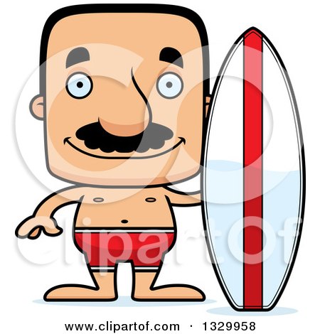 Clipart of a Cartoon Happy Block Headed Hispanic Surfer Man with a Mustache - Royalty Free Vector Illustration by Cory Thoman