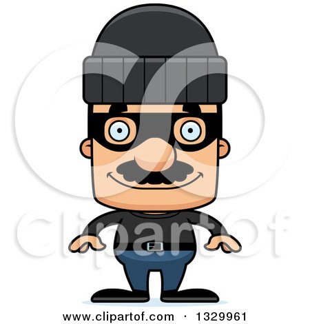 Clipart of a Cartoon Happy Block Headed Hispanic Robber Man with a Mustache - Royalty Free Vector Illustration by Cory Thoman