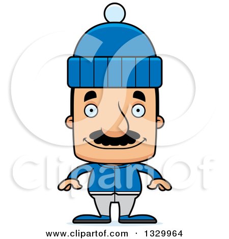 Clipart of a Cartoon Happy Block Headed Hispanic Man with a Mustache, in Winter Clothes - Royalty Free Vector Illustration by Cory Thoman