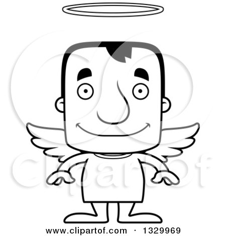 Lineart Clipart of a Cartoon Black and White Happy Block Headed White Man Angel - Royalty Free Outline Vector Illustration by Cory Thoman