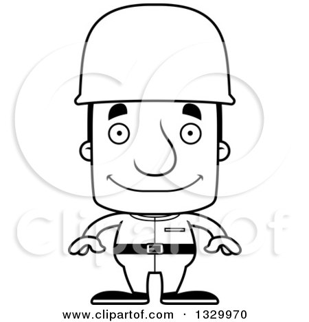 Lineart Clipart of a Cartoon Black and White Happy Block Headed White Man Soldier - Royalty Free Outline Vector Illustration by Cory Thoman