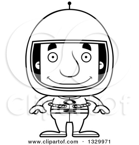Lineart Clipart of a Cartoon Black and White Happy Block Headed White Man Astronaut - Royalty Free Outline Vector Illustration by Cory Thoman