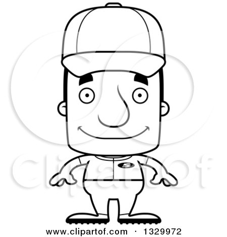 Lineart Clipart of a Cartoon Black and White Happy Block Headed White Man Baseball Player - Royalty Free Outline Vector Illustration by Cory Thoman