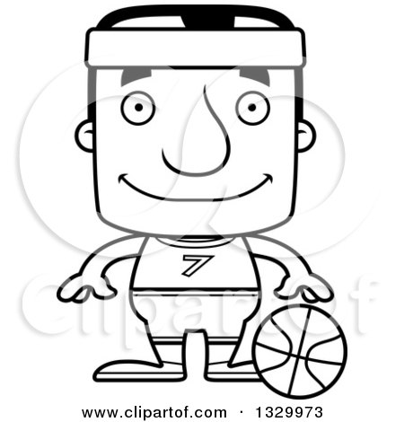 Lineart Clipart of a Cartoon Black and White Happy Block Headed White Man Basketball Player - Royalty Free Outline Vector Illustration by Cory Thoman