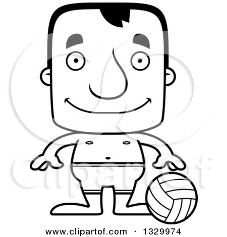 Lineart Clipart of a Cartoon Black and White Happy Block Headed White Man Beach Volleyball Player - Royalty Free Outline Vector Illustration by Cory Thoman