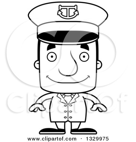 Lineart Clipart of a Cartoon Black and White Happy Block Headed White Man Boat Captain - Royalty Free Outline Vector Illustration by Cory Thoman
