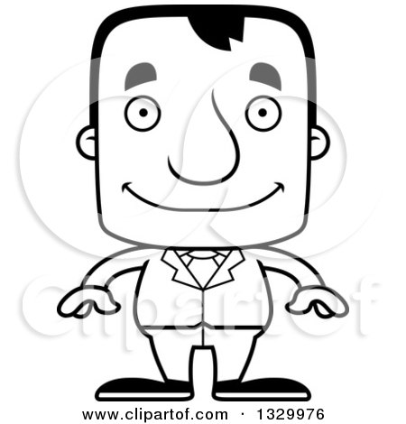 Lineart Clipart of a Cartoon Black and White Happy Block Headed White Business Man - Royalty Free Outline Vector Illustration by Cory Thoman