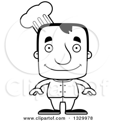Lineart Clipart of a Cartoon Black and White Happy Block Headed White Man Chef - Royalty Free Outline Vector Illustration by Cory Thoman