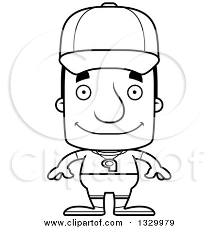 Lineart Clipart of a Cartoon Black and White Happy Block Headed White Man Sports Coach - Royalty Free Outline Vector Illustration by Cory Thoman