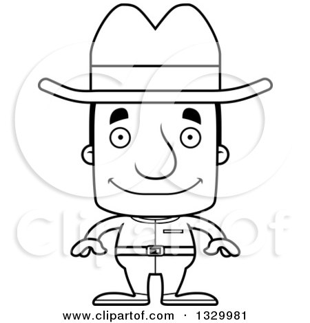 Lineart Clipart of a Cartoon Black and White Happy Block Headed White Man Cowboy - Royalty Free Outline Vector Illustration by Cory Thoman