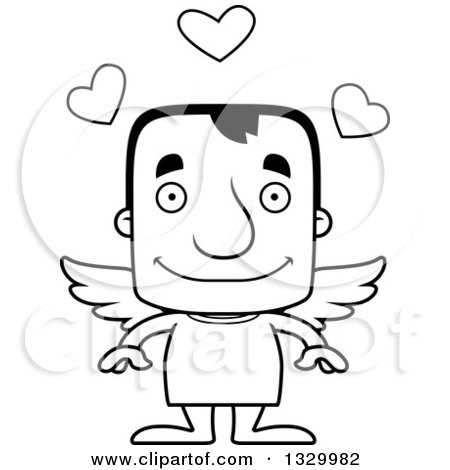 Lineart Clipart of a Cartoon Black and White Happy Block Headed White Man Cupid - Royalty Free Outline Vector Illustration by Cory Thoman