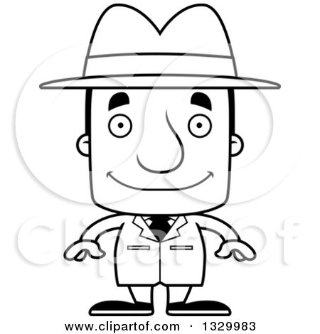 Lineart Clipart of a Cartoon Black and White Happy Block Headed White Man Detective - Royalty Free Outline Vector Illustration by Cory Thoman