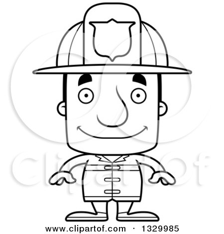 Lineart Clipart of a Cartoon Black and White Happy Block Headed White Man Firefighter - Royalty Free Outline Vector Illustration by Cory Thoman