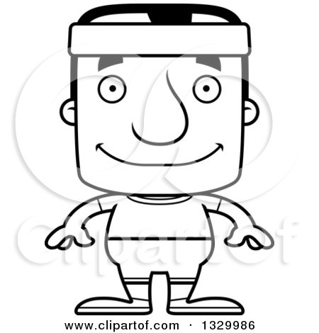 Lineart Clipart of a Cartoon Black and White Happy Block Headed White Fitness Man - Royalty Free Outline Vector Illustration by Cory Thoman