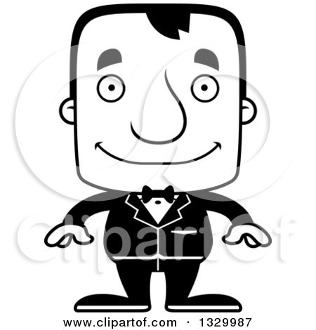 Lineart Clipart of a Cartoon Black and White Happy Block Headed White Man Groom - Royalty Free Outline Vector Illustration by Cory Thoman