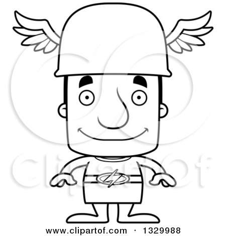 Lineart Clipart of a Cartoon Black and White Happy Block Headed White Man Hermes - Royalty Free Outline Vector Illustration by Cory Thoman
